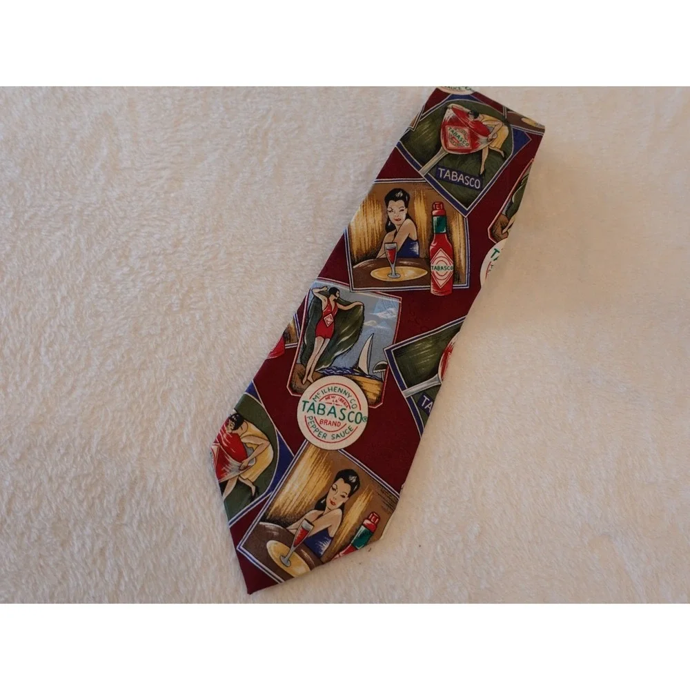 Tabasco Men's Silk Tie Novelty Print‎ Made In USA Vintage lady dancing bottle